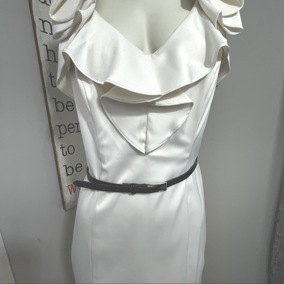 Evan Picone dress ivory satin ruffle with side zipper and belt - Picture 3 of 9